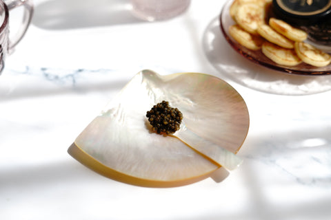 Caviar resting on mother of pearl spoon and dish