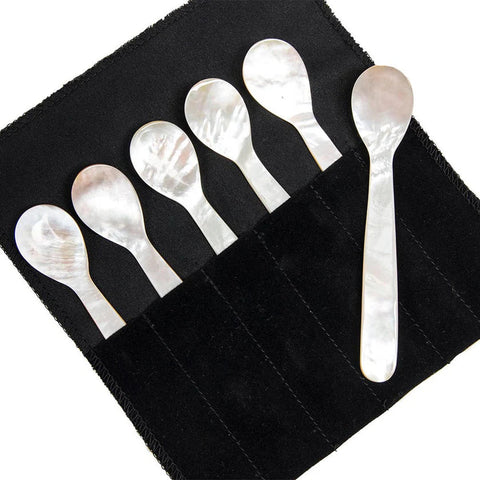 mother of pearl spoons in a black pouch