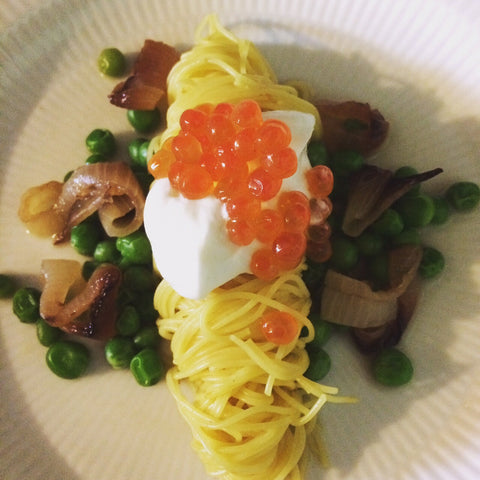 Saffron Angel Hair Pasta Topped with Salmon Caviar