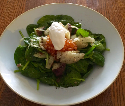 Potato and Spinach Salad with Smoked Salmon Trout Caviar