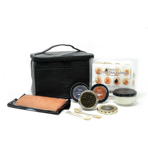 Black Cooler bag, 2-3 choices of 2oz American caviar and roes, French blinis, creme fraiche, 2 mother of pearl spoons