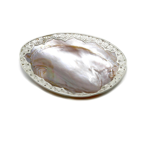 Pink Mother of Pearl Caviar Palette, Ornate Silver Rim