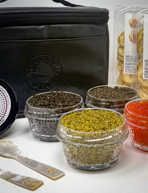 World Star Caviar Party Gift Bag: Imperial Osetra, Kaluga, Siberian, Smoked Trout Roe