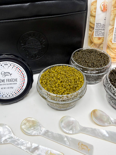 World Star Caviar Party Gift Bag: Imperial Osetra, Kaluga, Siberian, Smoked Trout Roe