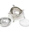 Stainless steel caviar server with removable parts including glass dish, ice bowl. Can be used as a fancy butter dish.