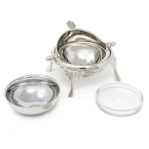 Stainless steel caviar server with removable parts including glass dish, ice bowl. Can be used as a fancy butter dish.