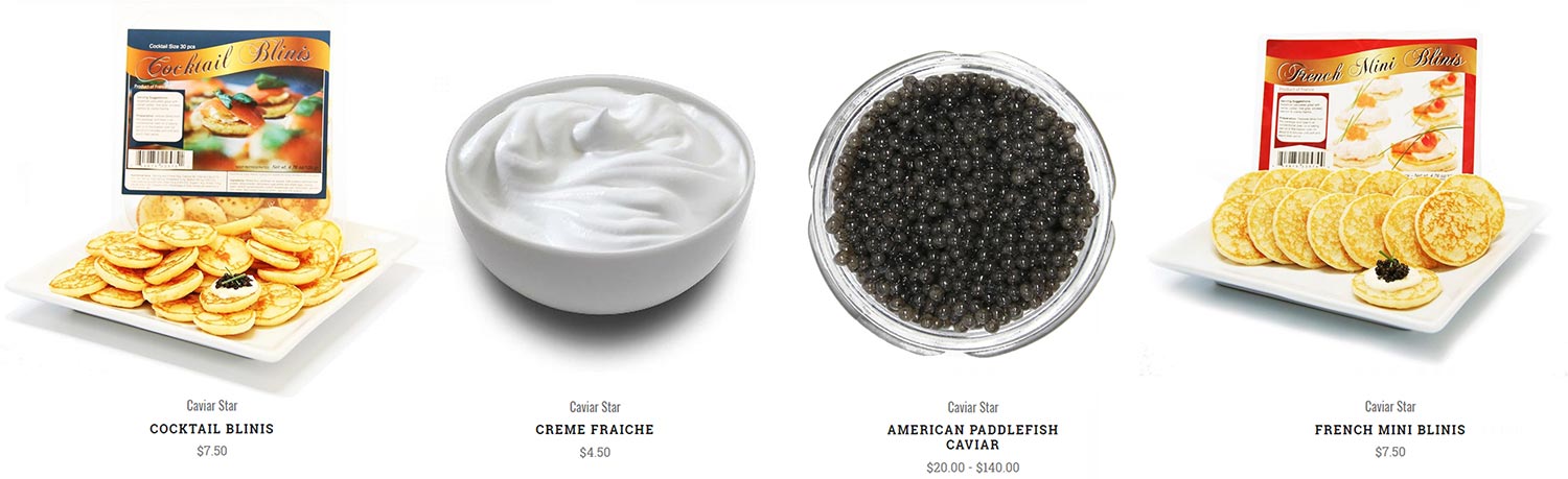 Caviar, creme fraiche and blinis on Caviar Star