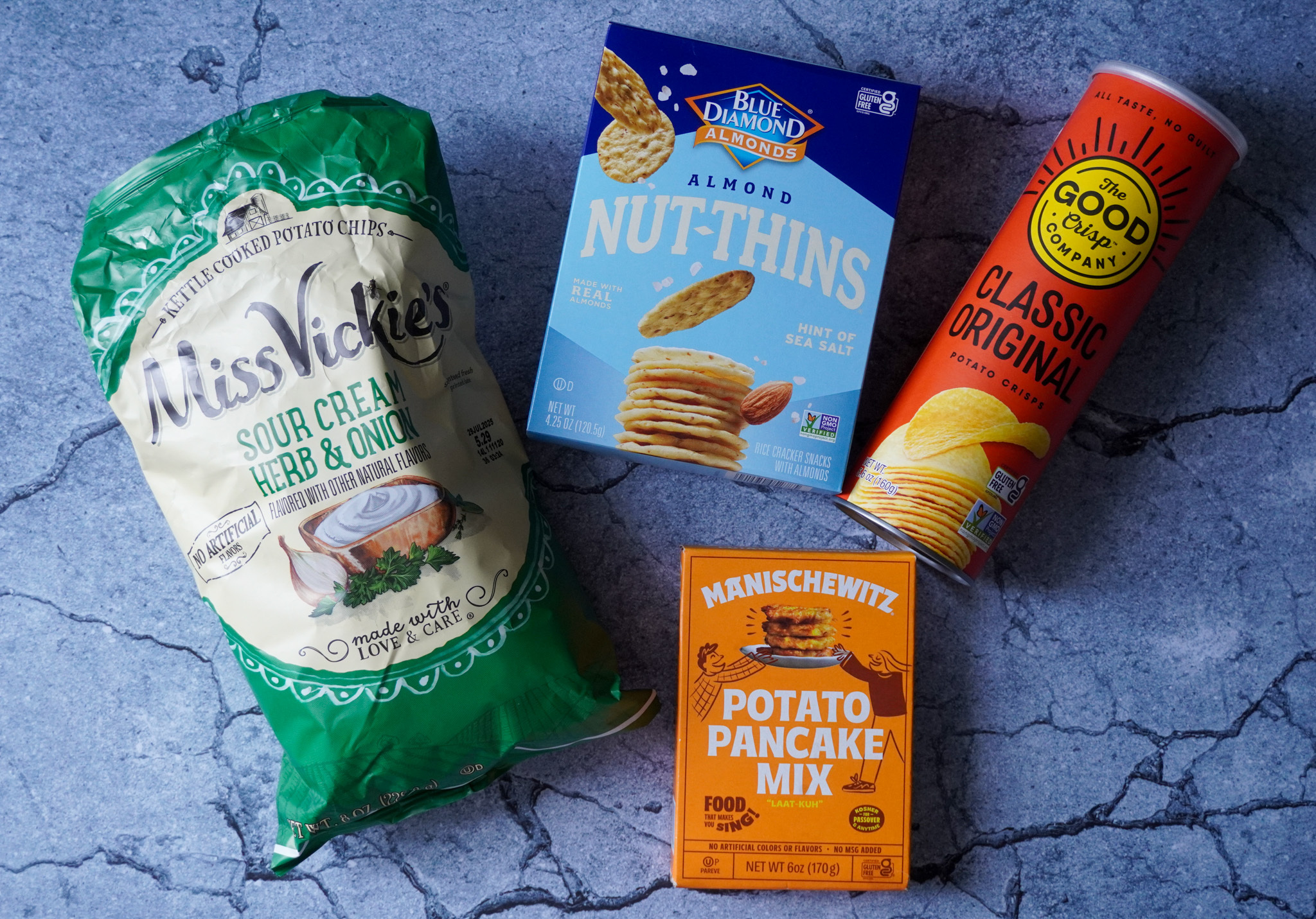 Gluten free potato chips, almond crackers, potato crisps, and potato pancake mix